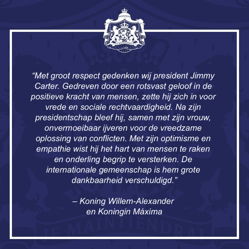 Reactie Koning Willem-Alexander en Koningin Máxima op overlijden Jimmy Carter